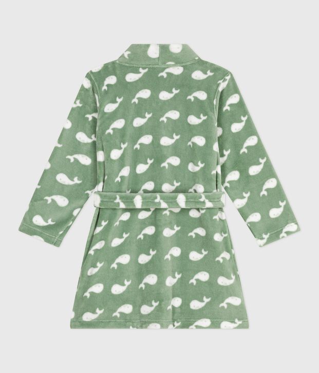 Robe de chambre enfant en polaire imprim&eacute; vert/blanc