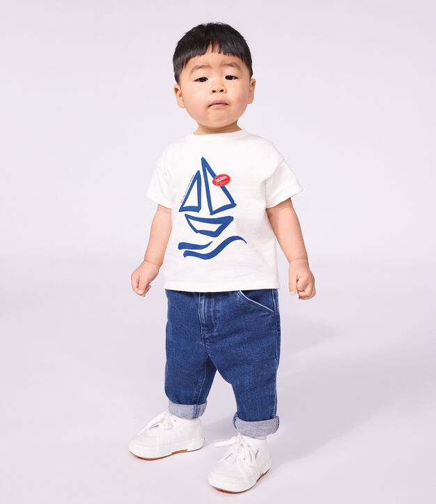 Tee-shirt b&eacute;b&eacute; en coton manches courtes uni &agrave; motif blanc