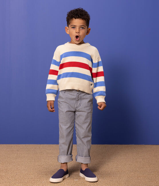Pantalon en toile de coton rayé enfant garçon bleu MEDIEVAL/blanc MARSHMALLOW
