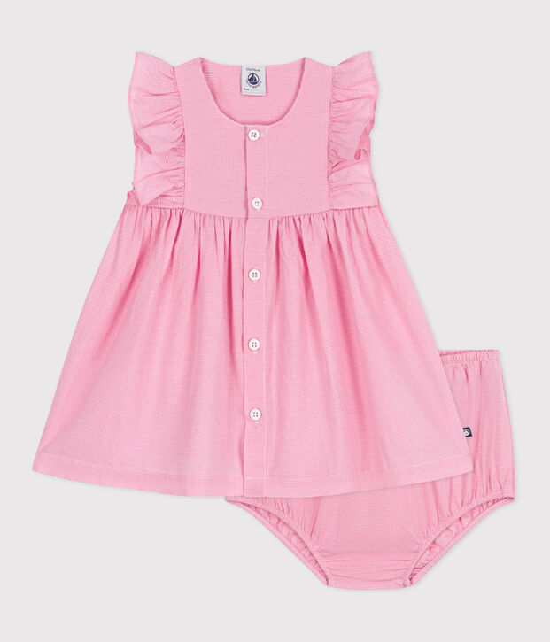Robe b&eacute;b&eacute; en coton l&eacute;ger sans manches et bloomer, imprim&eacute;s vichy blanc/rose