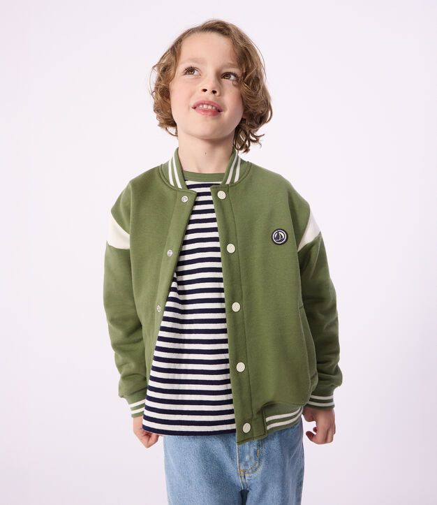 Veste teddy enfant en coton vert/&eacute;cru