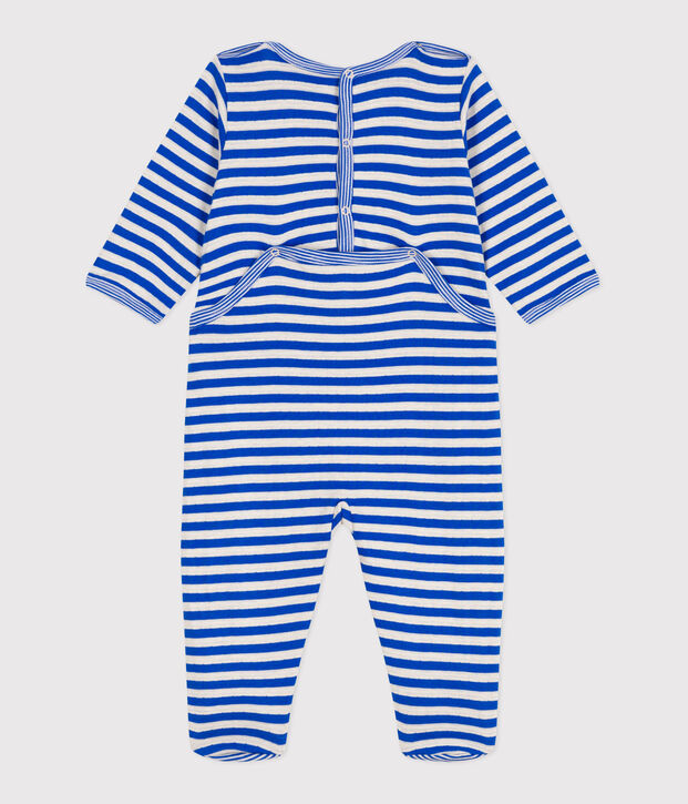 Pyjama b&eacute;b&eacute; en tubique ouverture au dos &agrave; rayures bleu/&eacute;cru