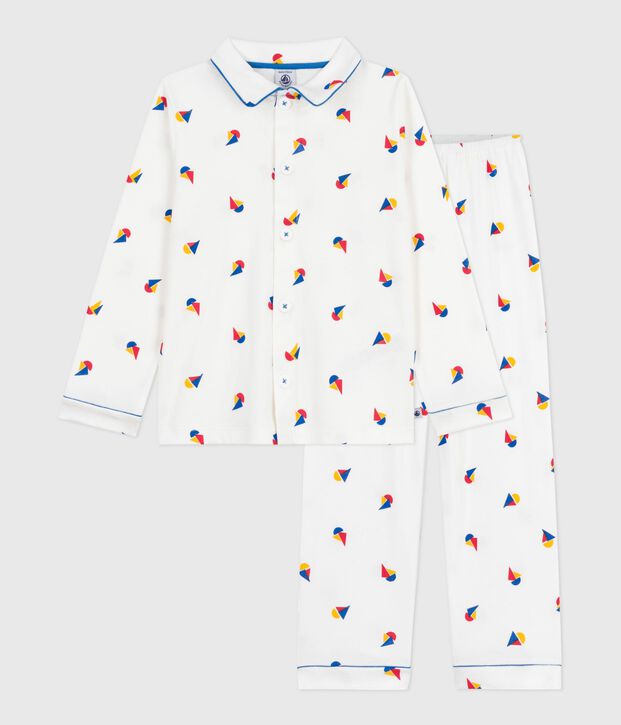 Pyjama boutonn&eacute; enfant en coton imprim&eacute; blanc/bleu/multicouleur