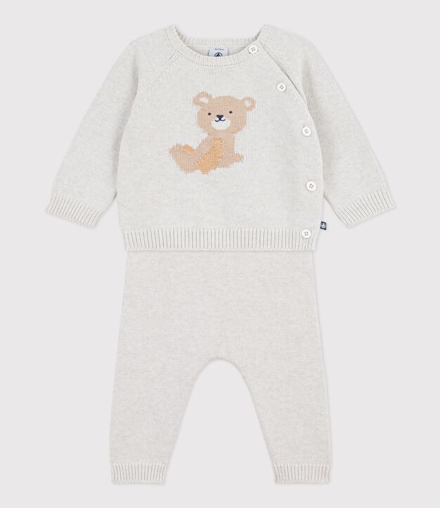 Ensemble 2 pi&egrave;ces b&eacute;b&eacute; en tricot coton &agrave; motif ourson beige chin&eacute;