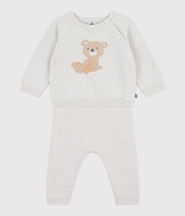 Ensemble 2 pi&egrave;ces b&eacute;b&eacute; en tricot laine et coton et motif ourson beige chin&eacute;