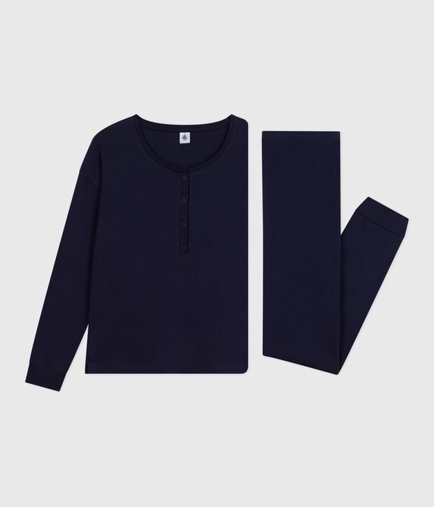 Pyjama uni en coton femme bleu marine