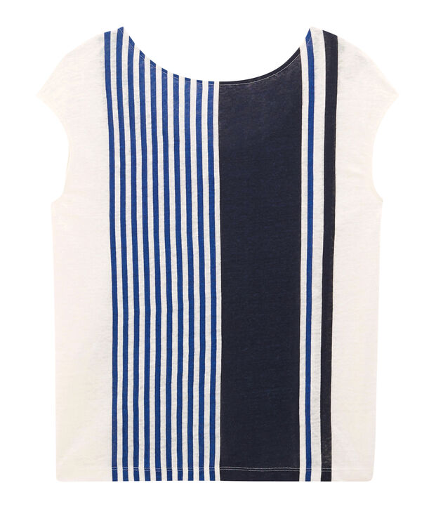 Tee-shirt manches courtes femme en lin blanc/multicouleur