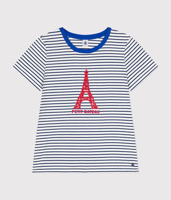 Tee-shirt Le Droit col rond en coton femme blanc MARSHMALLOW/bleu MEDIEVAL