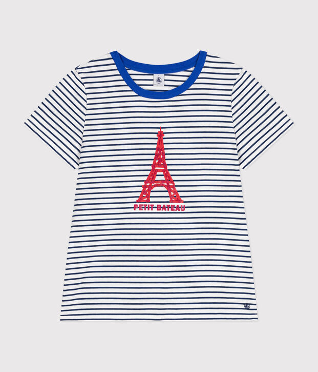 Tee-shirt Le Droit col rond en coton femme blanc/bleu