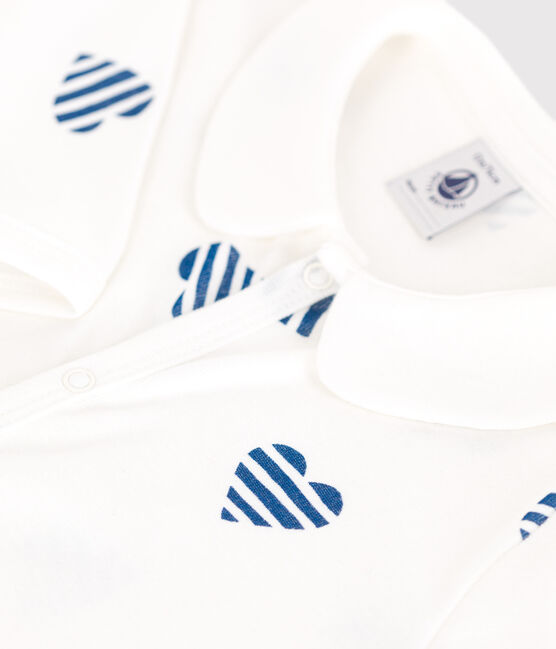 Pyjama bébé en coton sans pieds avec col cœur rayé blanc MARSHMALLOW/blanc MULTICO