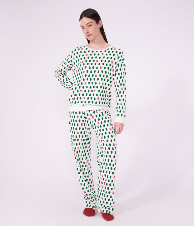 Pyjama femme en coton imprim&eacute; sapins blanc/multicouleur