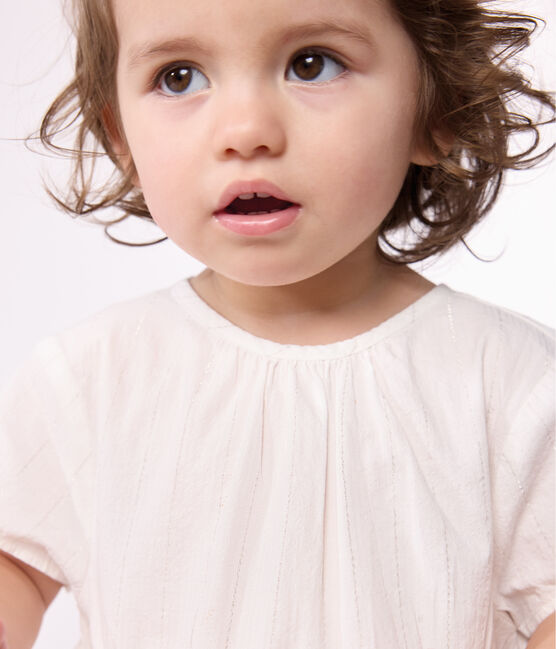 Robe cérémonie bébé en coton léger, manches courtes blanc ECUME/ ARGENT