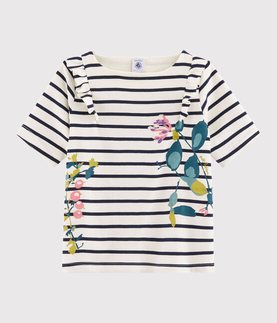 Tee-shirt enfant fille beige COQUILLE/bleu ABYSSE