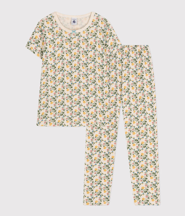 Pyjama en coton imprim&eacute; motif fleurs enfant &eacute;cru/multicouleur