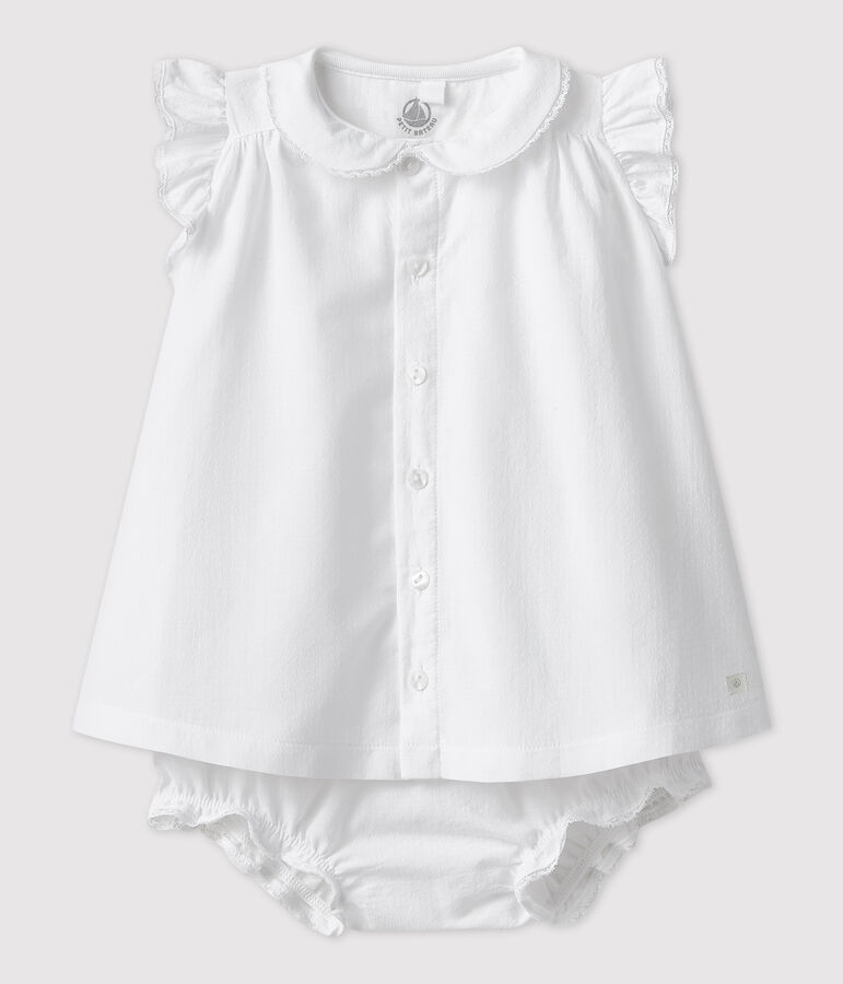 Robe blanche manches courtes avec bloomer b&eacute;b&eacute; fille en popeline de coton biologique blanc