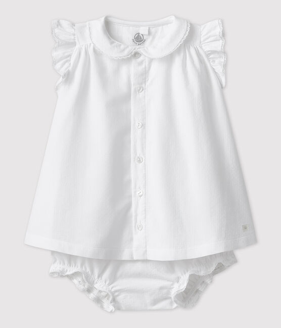 Robe blanche manches courtes avec bloomer bébé fille en popeline de coton biologique blanc ECUME