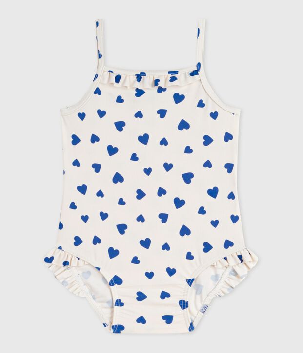 Maillot de bain b&eacute;b&eacute; une pi&egrave;ce &agrave; volants, imprim&eacute; c&oelig;urs blanc/bleu