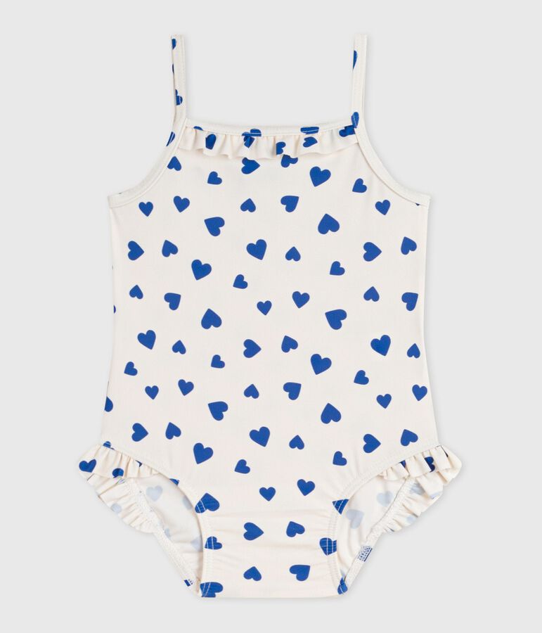 Maillot de bain b&eacute;b&eacute; une pi&egrave;ce &agrave; volants, imprim&eacute; c&oelig;urs blanc/bleu