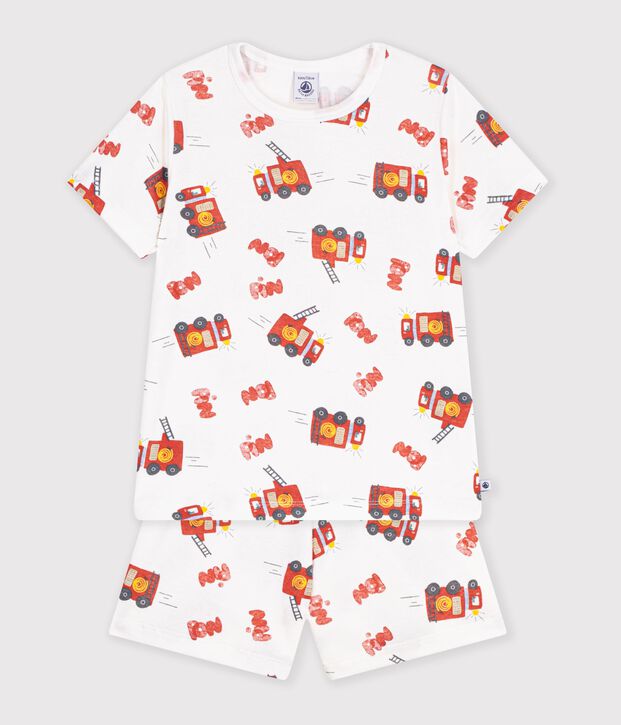 Pyjama short enfant en coton imprim&eacute; pompier blanc/multicouleur