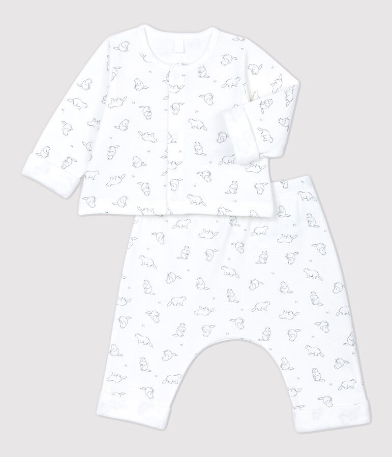 Ensemble 2 pi&egrave;ces imprim&eacute; marmottes b&eacute;b&eacute; en coton biologique blanc MARSHMALLOW/gris GRIS