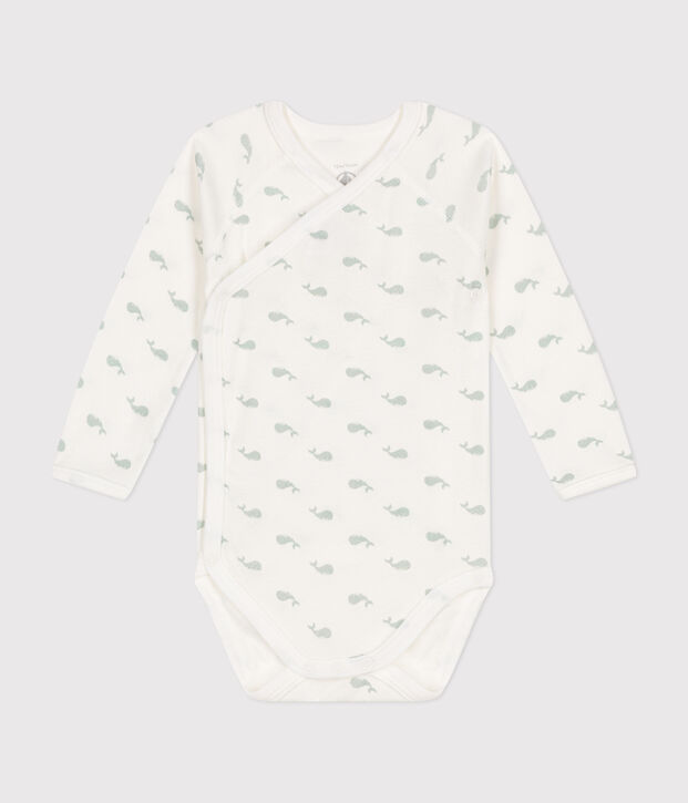 Body crois&eacute; manches longues en coton b&eacute;b&eacute; blanc/vert