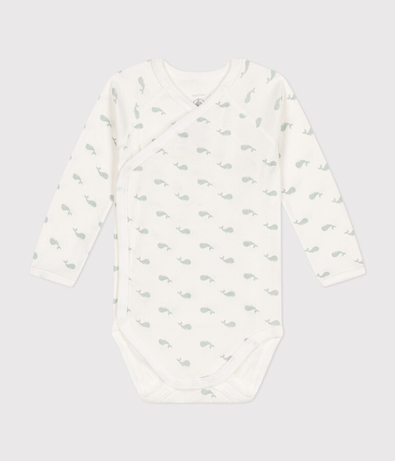 Body crois&eacute; manches longues en coton b&eacute;b&eacute; blanc MARSHMALLOW/ HERBIER