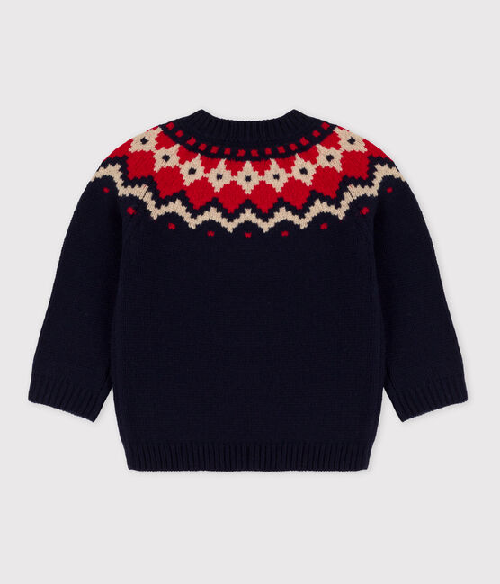Pull jacquart en tricot laine et coton bébé bleu SMOKING/blanc MULTICO
