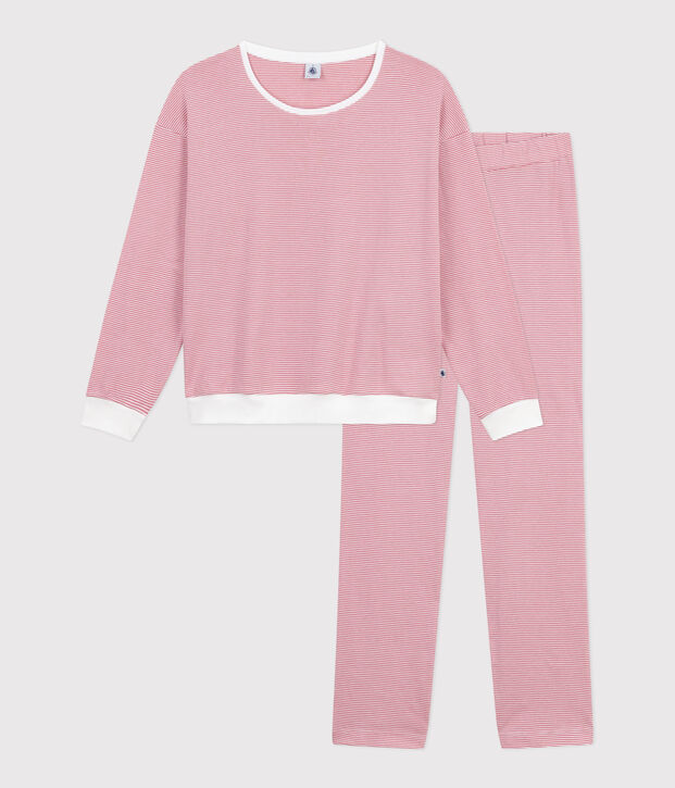 Pyjama femme en coton &agrave; rayures rose/blanc