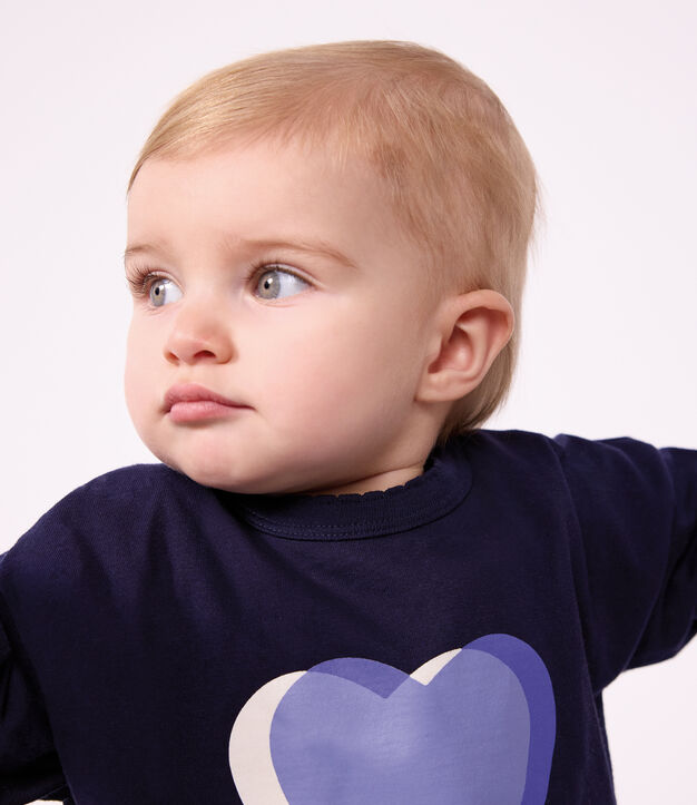 Tee-shirt b&eacute;b&eacute; en coton manches longues uni &agrave; motif bleu marine