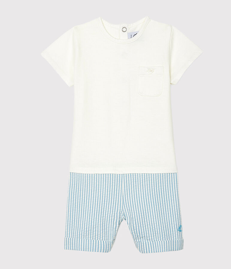 Combicourt b&eacute;b&eacute; gar&ccedil;on faux deux-pi&egrave;ces blanc MARSHMALLOW/bleu ACIER