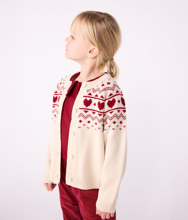 Cardigan enfant en laine et coton &agrave; motif jacquard &eacute;cru/rouge