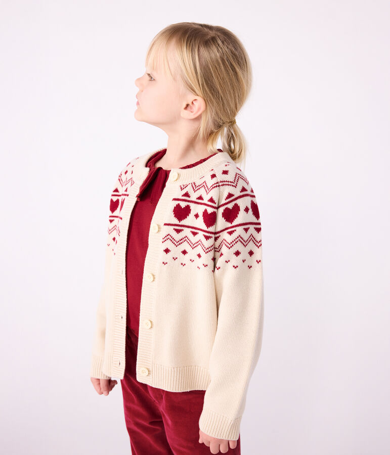 Cardigan enfant en laine et coton &agrave; motif jacquard &eacute;cru/rouge