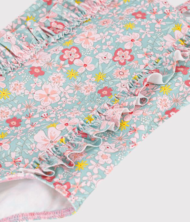 Maillot de bain b&eacute;b&eacute; une pi&egrave;ce &agrave; volants, imprim&eacute; fleurs bleu/multicouleur