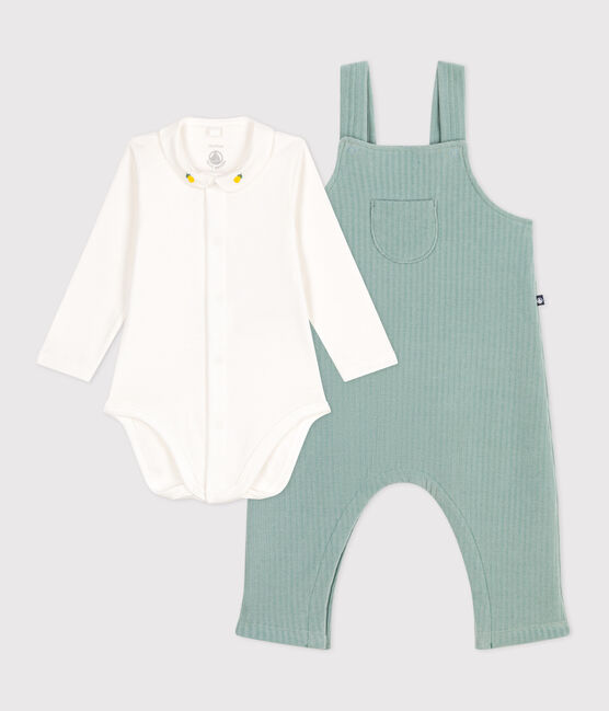 Ensemble naissance salopette et body brodé en coton vert PAUL