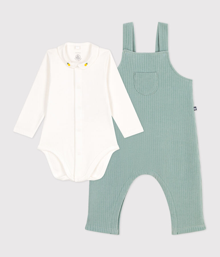 Ensemble naissance salopette et body brod&eacute; en coton vert PAUL