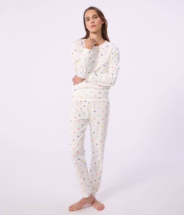 Pyjama femme en coton et &eacute;lasthanne imprim&eacute; c&oelig;urs blanc MARSHMALLOW/blanc MULTICO