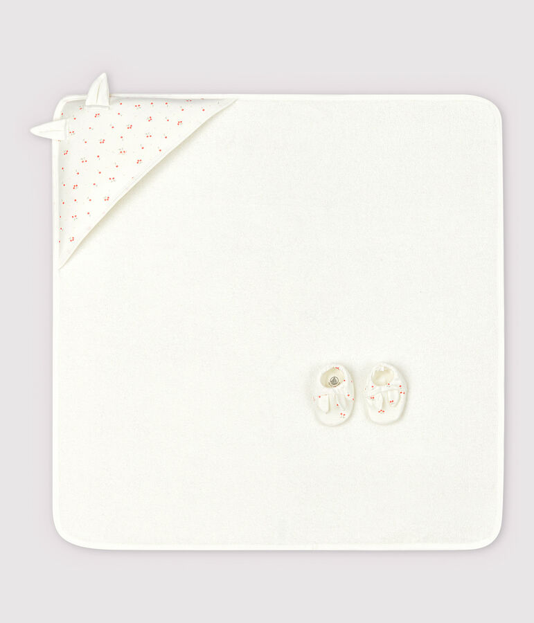 Coffret carr&eacute; de bain et chaussons b&eacute;b&eacute; en &eacute;ponge et coton biologique blanc/multicouleur