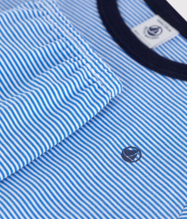 Pyjama enfant en coton manches courtes jambes longues ray&eacute; bleu/blanc