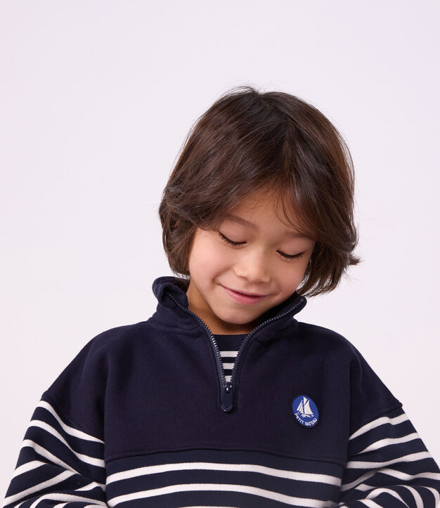 Sweatshirt col camionneur enfant en coton &agrave; rayures bleu/blanc