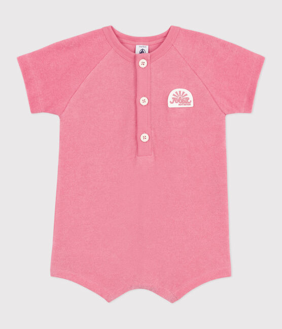 Combicourte bébé en coton éponge manches courtes unie et badge rose PEONIA