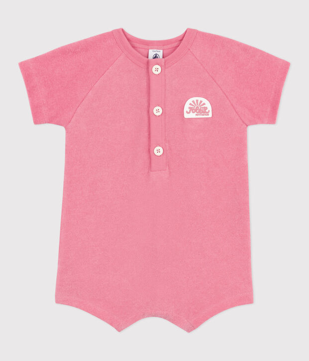 Combicourte b&eacute;b&eacute; en coton &eacute;ponge manches courtes unie et badge rose