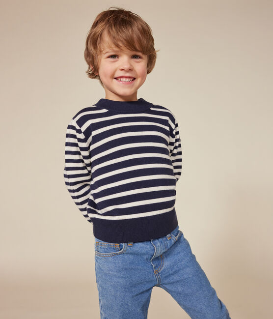 Pull rayé en laine et coton enfant bleu SMOKING/blanc MARSHMALLOW