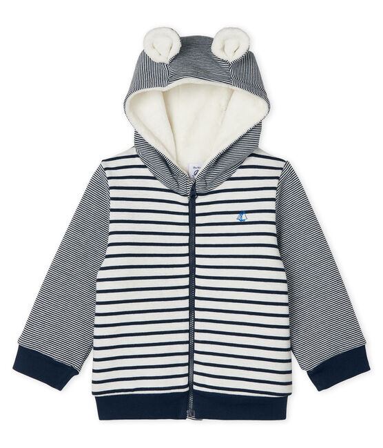Sweatshirt à capuche bébé garçon en rayure marinière doublé de sherpa blanc MARSHMALLOW/bleu SMOKING CN