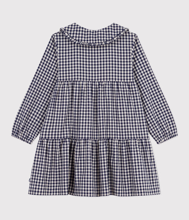 Robe enfant manches longues en flanelle &agrave; carreaux bleu/&eacute;cru