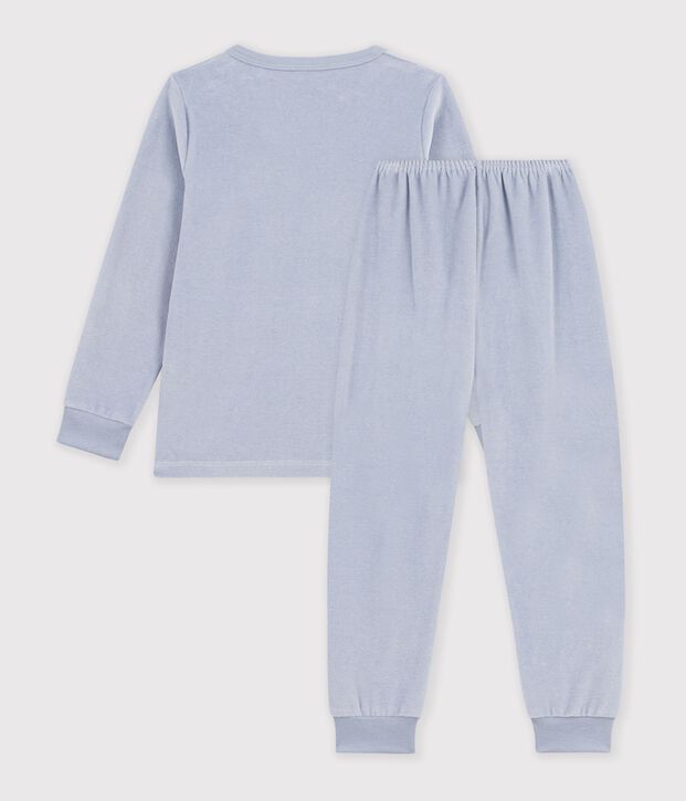 Pyjama enfant en velours uni &agrave; motif skieurs bleu clair