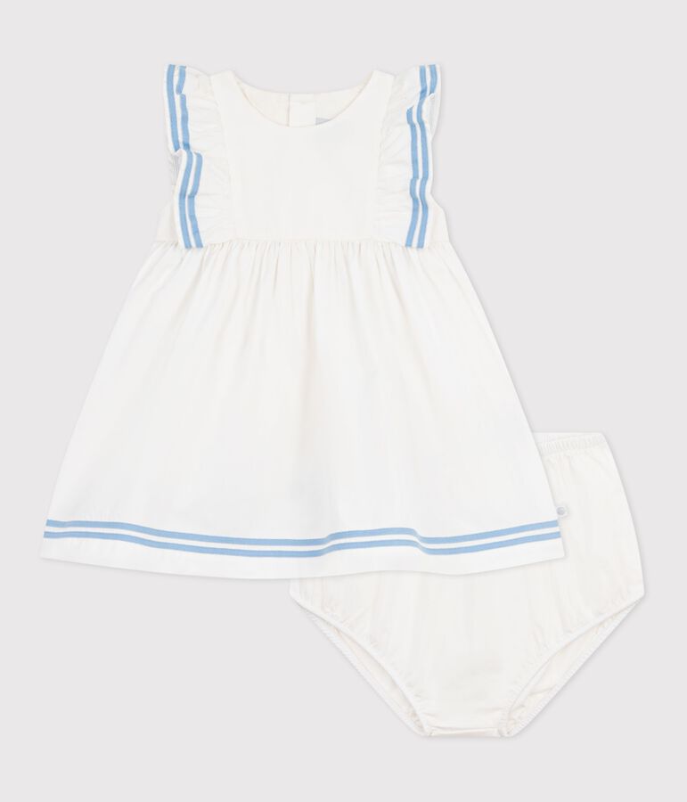 Robe b&eacute;b&eacute; en coton sans manches unie et son bloomer blanc MARSHMALLOW