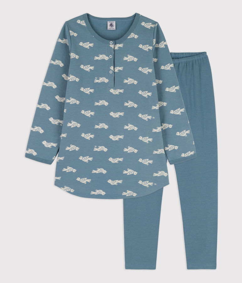 Chemise de nuit et legging oiseau petite fille en molleton et en coton bleu ROVER/blanc MARSHMALLOW