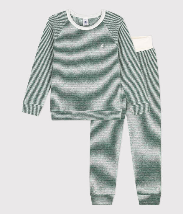 Pyjama milleraies en coton en &eacute;ponge enfant vert/blanc