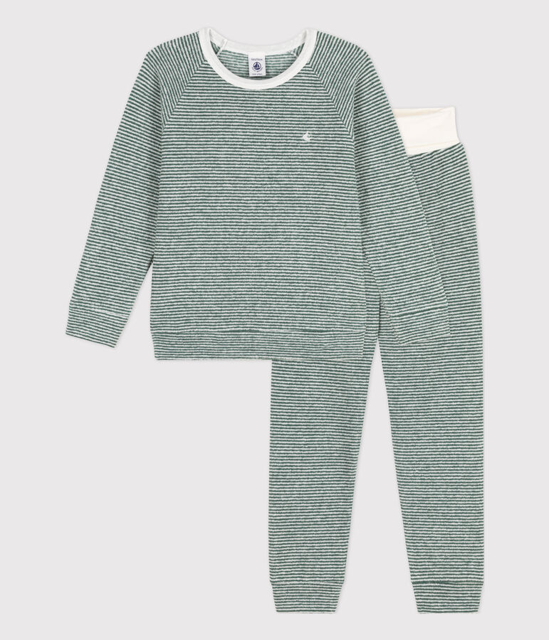Pyjama milleraies en coton en &eacute;ponge enfant vert VALLEE/blanc MARSHMALLOW