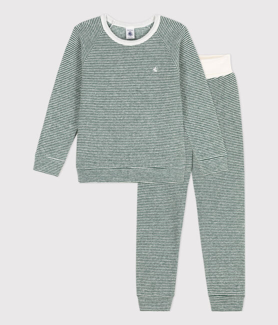 Pyjama milleraies en coton en éponge enfant vert VALLEE/blanc MARSHMALLOW